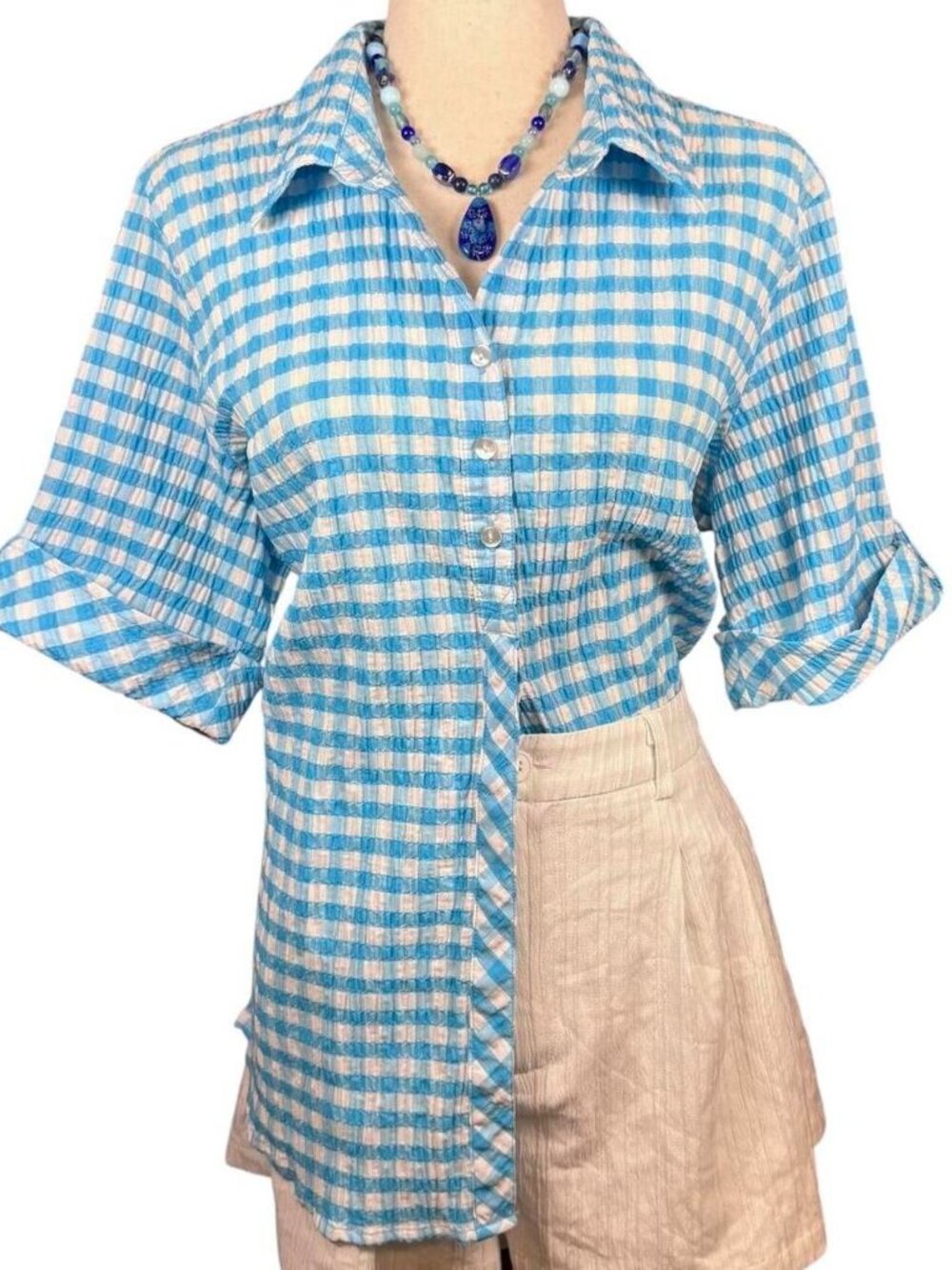 Rebecca Malone blue & white gingham button up short sleeved blouse